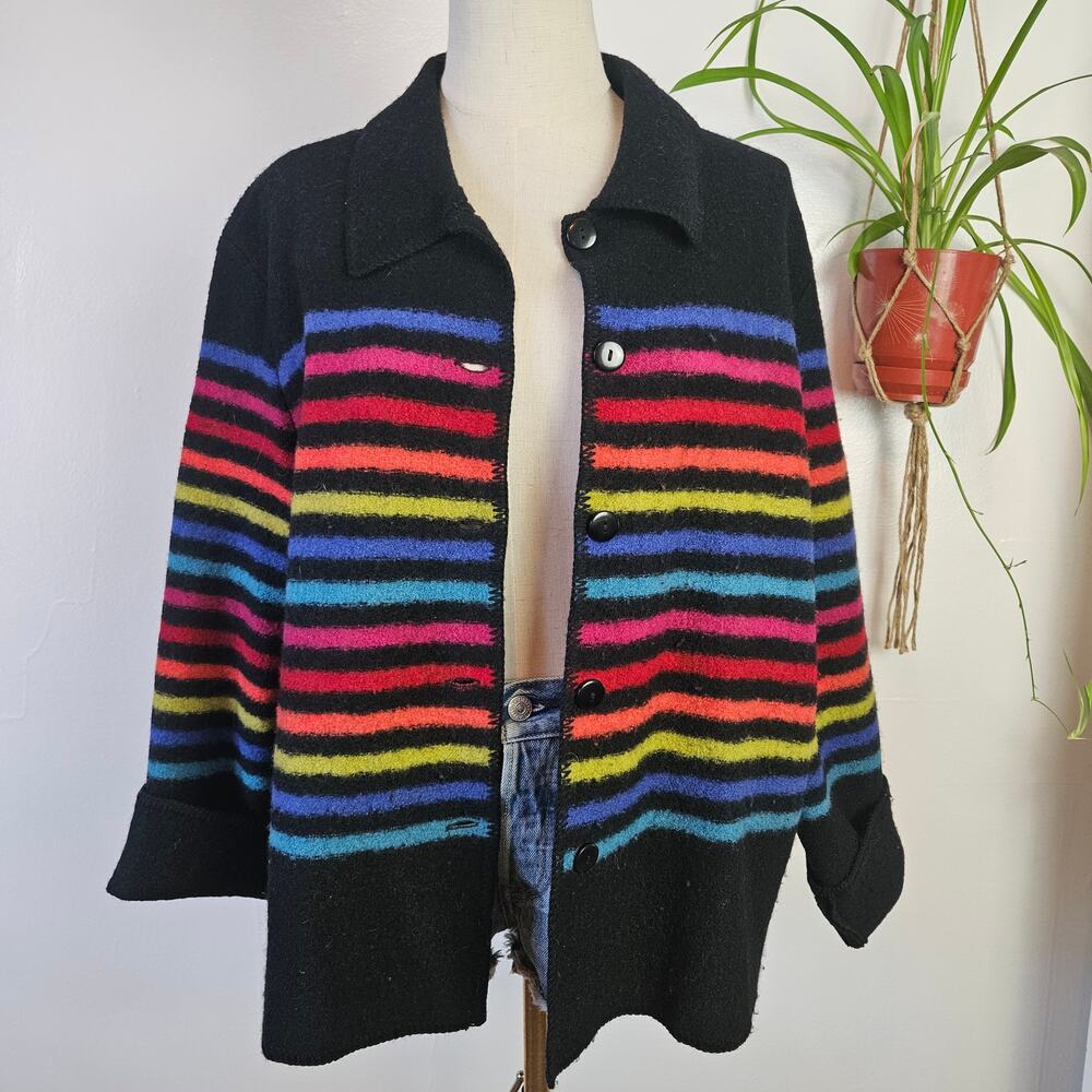 Vintage Wool Rainbow Stripe Cardigan Sweater L Black Collar